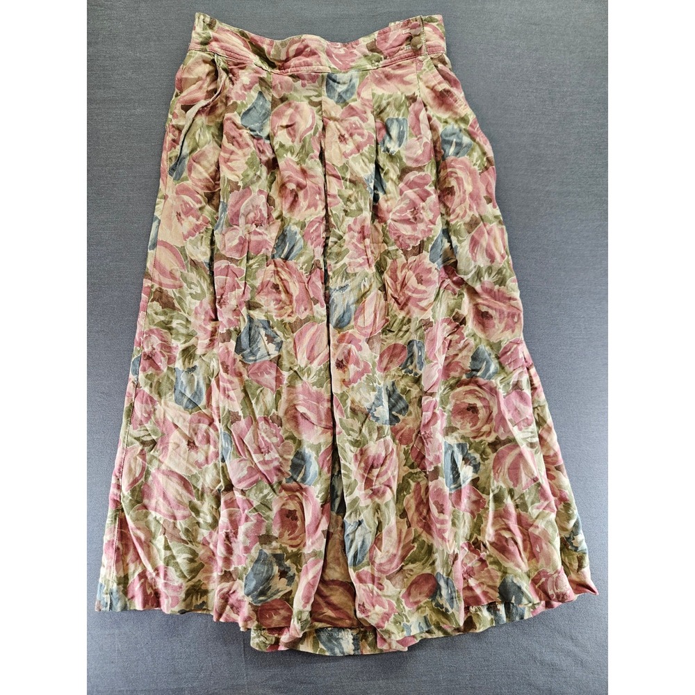 Vintage Leslie Fay Floral Rayon Midi Skirt Pink Rose ILGWU USA Made 12